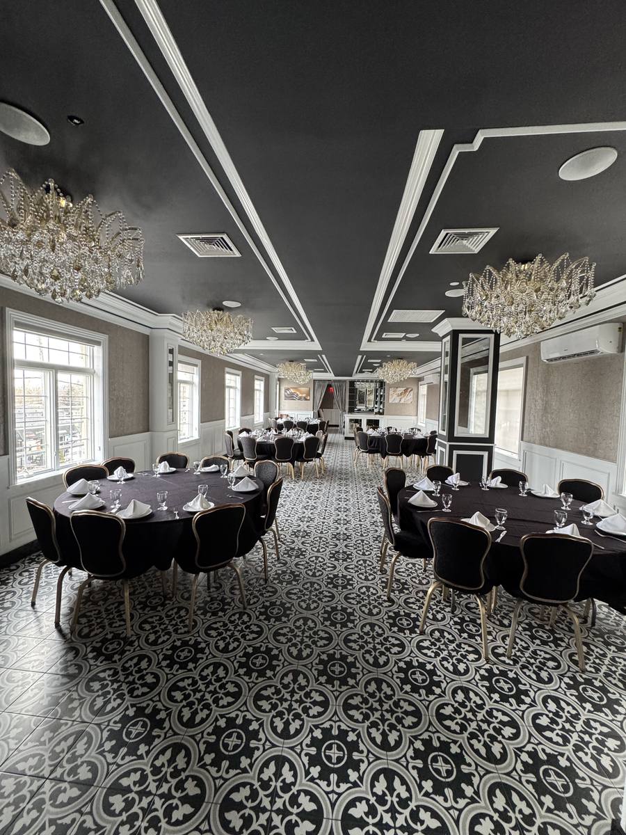 The Chandelier Room set with round tables and crystal chandeliers